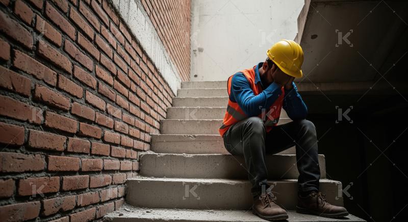 A construction worker in safety gear sits on stairs, visibly str
