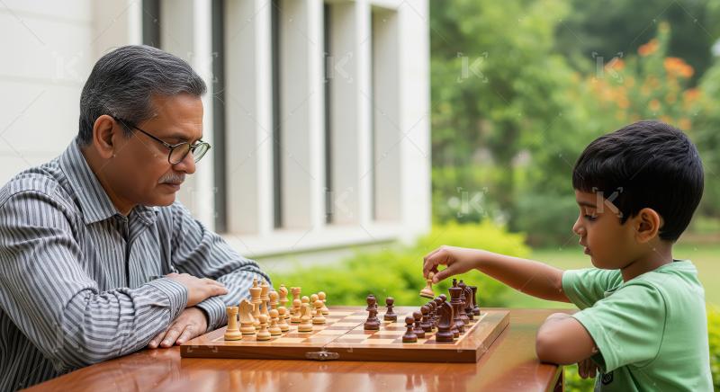 Elderly Man and Child Play Chess Together Outdoors
