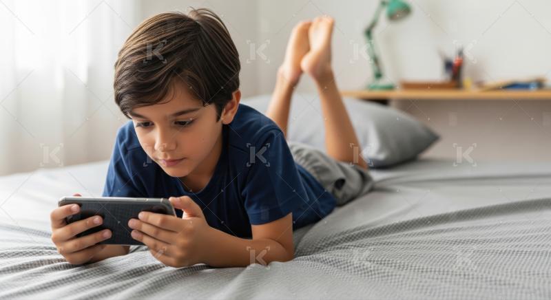 Young Boy Engrossed in Smartphone Gaming on His Bed
