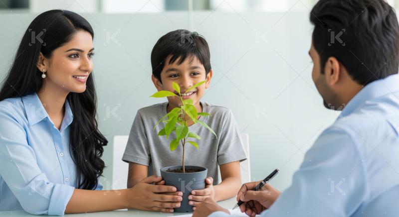 Indian Family, Child with Plant, Planning Future Investments