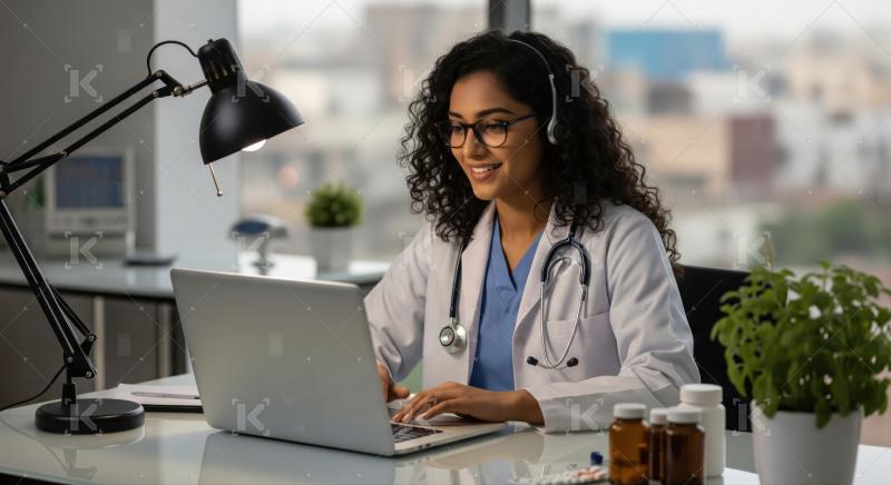 Smiling female doctor provides online medical consultation via l