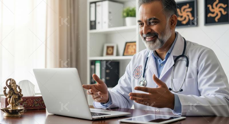 Indian Doctor Conducting Online Telehealth Consultation via Lapt