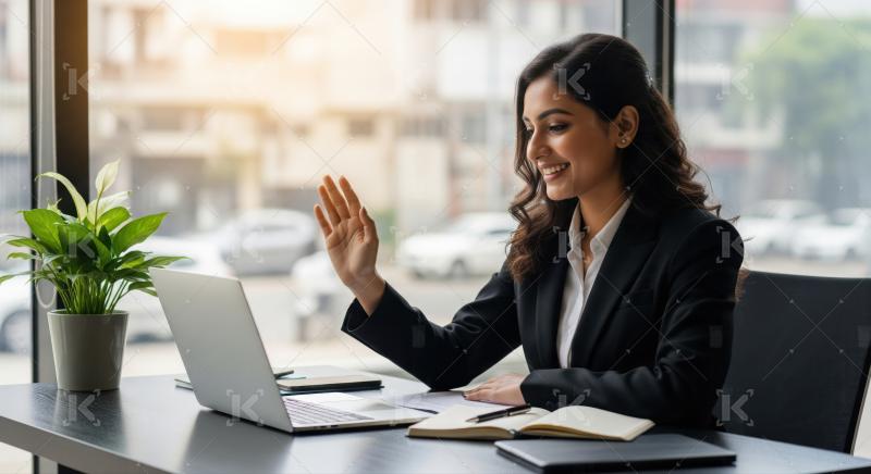 Happy businesswoman waving during video call at modern office.