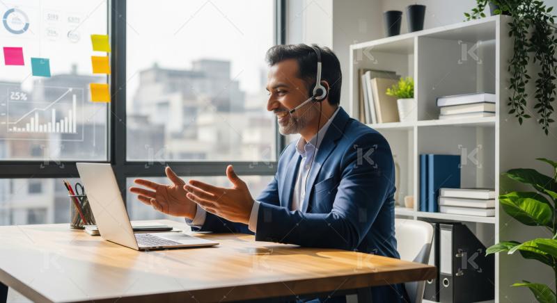 Smiling Man on Video Call in Modern Office with Headset