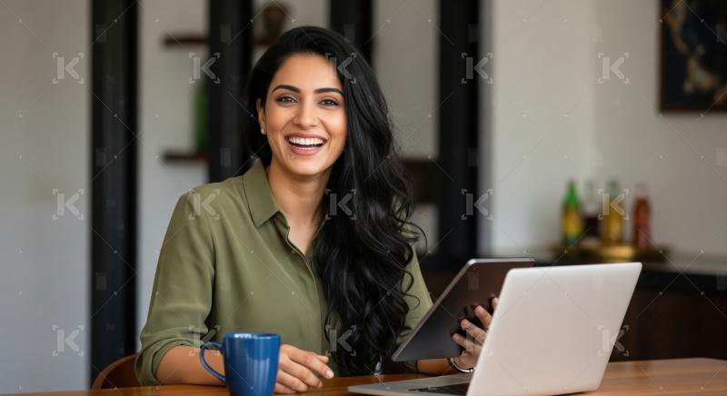 Happy Indian Woman Working Remotely with Laptop and Tablet