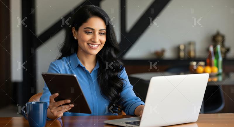 Happy Indian Woman Multitasking with Laptop and Tablet