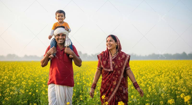 Happy Indian family in vibrant mustard field