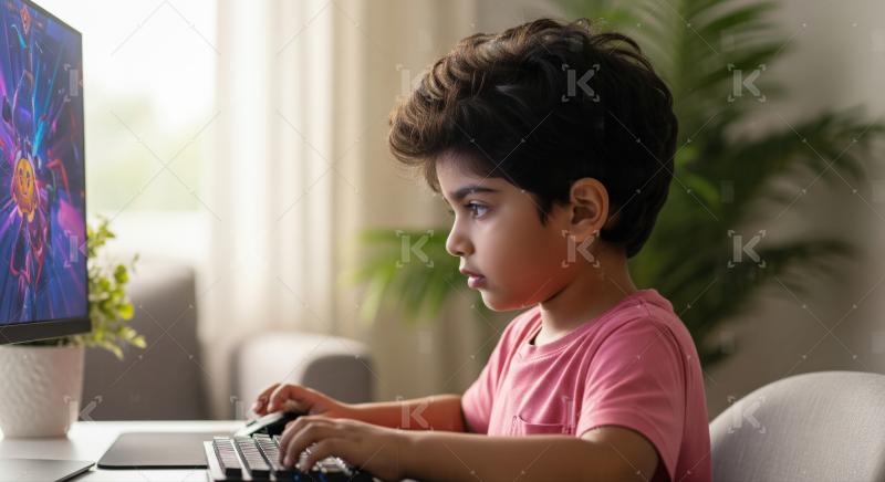 Young Boy Focused on Computer Gaming at Home