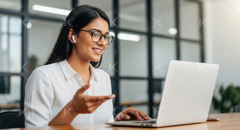 Professional Indian Woman Engaging in Online Meeting with Laptop