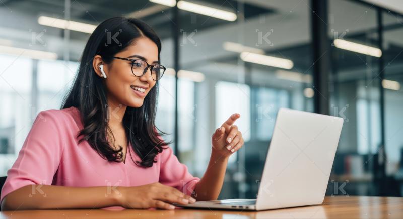 Smiling Woman in Earbuds Working on Laptop in Modern Office