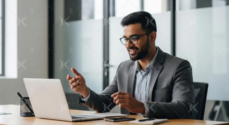 Happy Indian businessman on video call in modern office