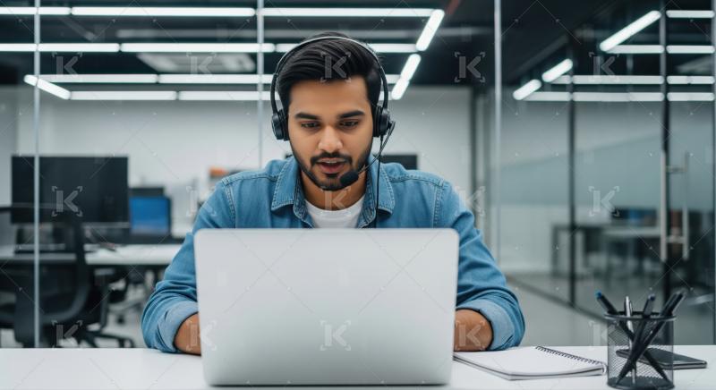 Young Professional Man Communicating with Headset and Laptop in