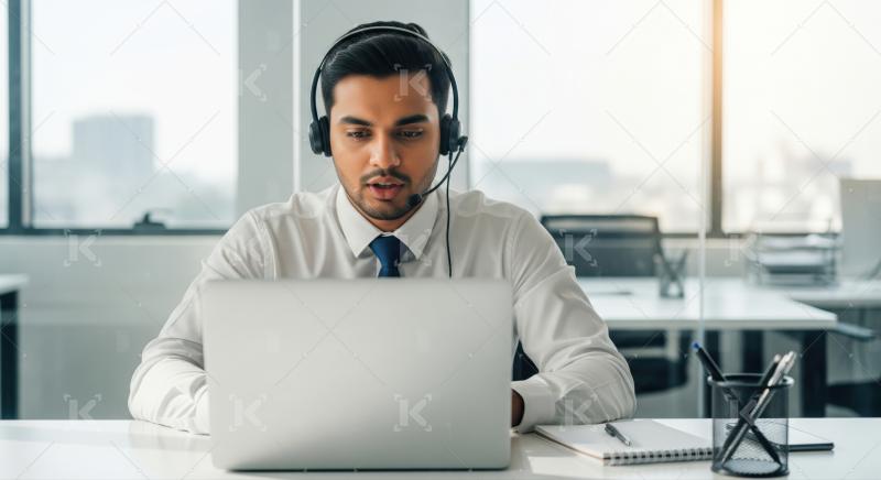 Professional Call Center Agent Working with Headset and Laptop