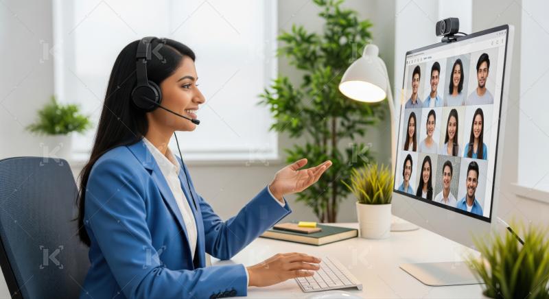 Smiling Woman on Video Call with Headset in Office