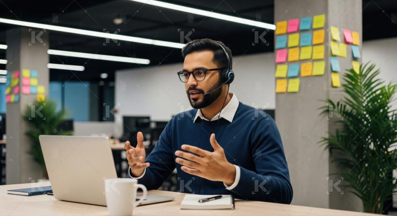 Focused Man in Headset on Video Call in Modern Office