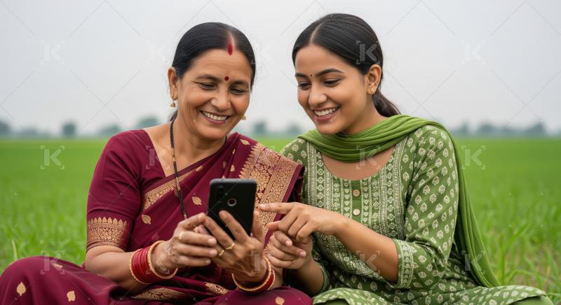 Happy Rural Indian Women Using Smartphone in Green Field