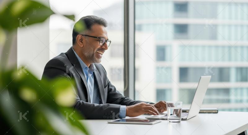 Happy businessman working on laptop in modern office environment