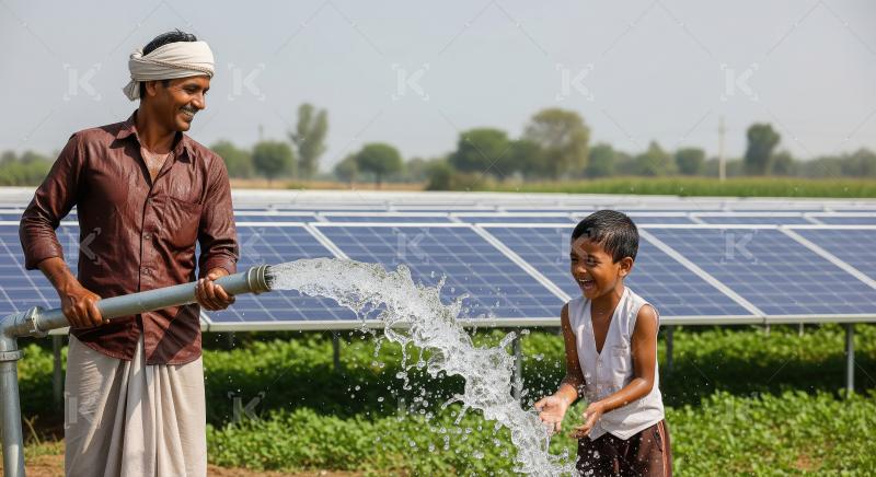 Solar-powered irrigation brings joy to farmer and playing boy