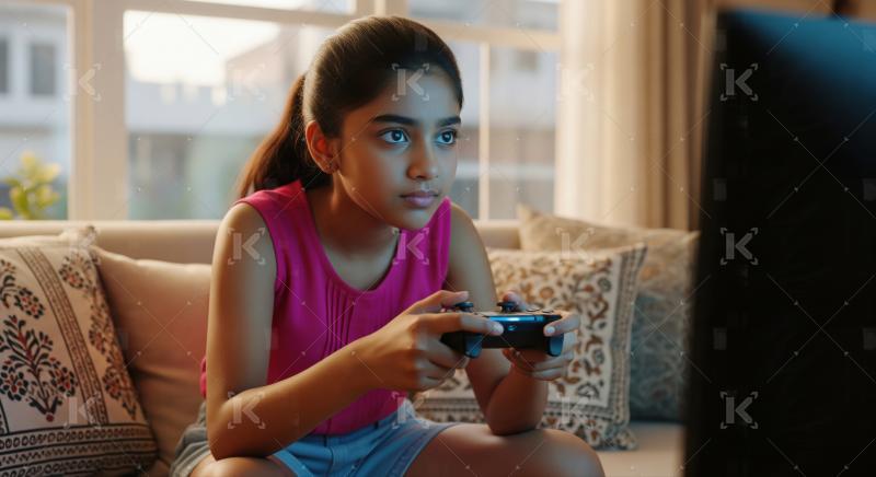 Young Indian girl engrossed in video game on sofa