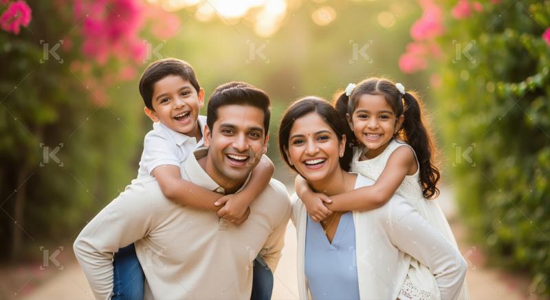 Happy Indian family enjoying piggyback ride in sunlit park