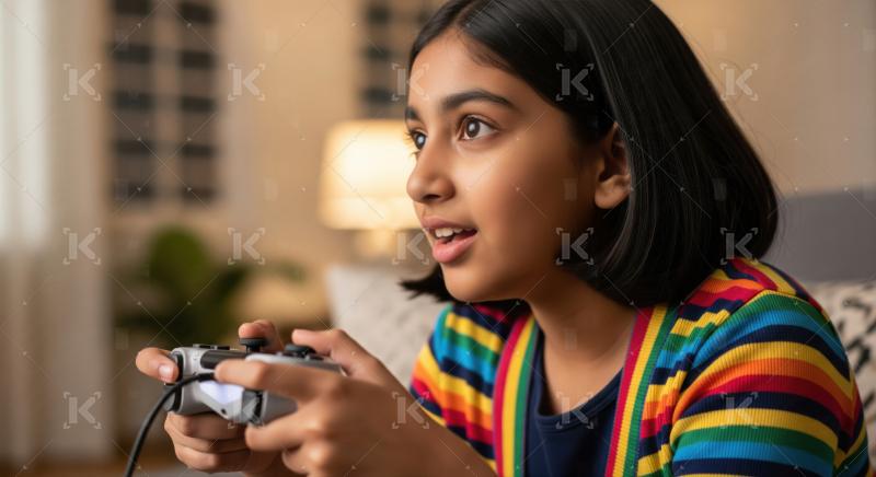 Engaged Indian girl intensely plays video game at home