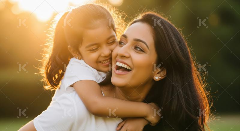 Joyful Indian Mother and Daughter Piggyback Ride Golden Light