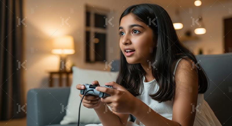 Young Indian Girl Deeply Engrossed in Video Game at Home