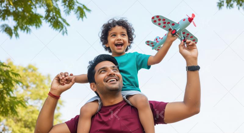 Happy Father and Son Playing Outdoors with Toy Airplane