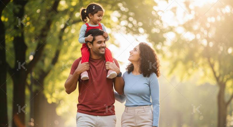 Happy Indian Family Enjoying Park Walk with Daughter on Shoulder