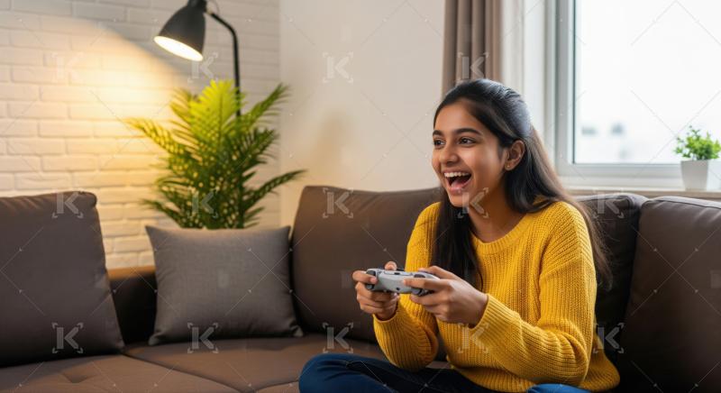Happy Young Indian Woman Playing Video Games at Home
