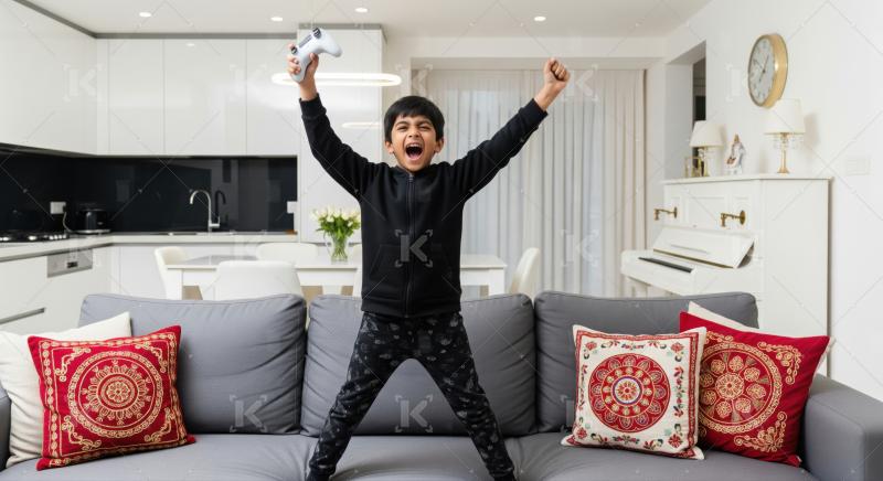 Excited boy triumphs with video game controller in modern home