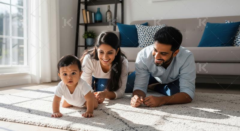 Happy Indian Family Playing with Their Baby on the Living Room F