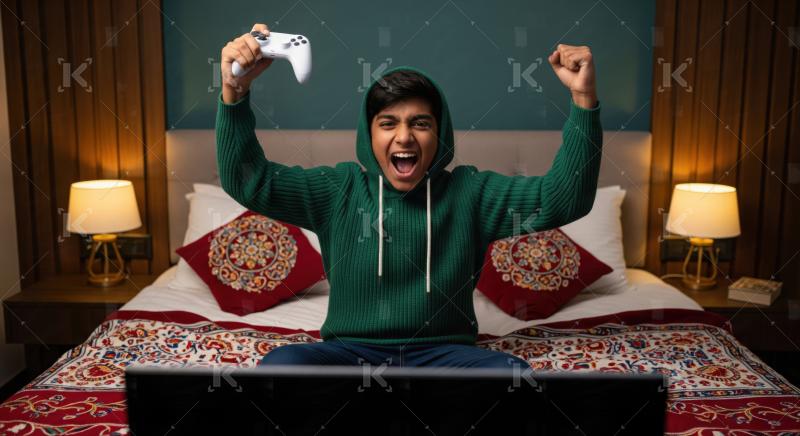 Young excited boy celebrating video game victory with controller