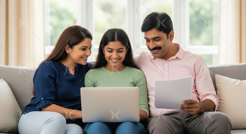 Happy Indian family using laptop together on sofa