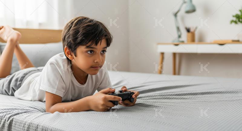 Young Boy Intently Playing Video Game Controller on Bed