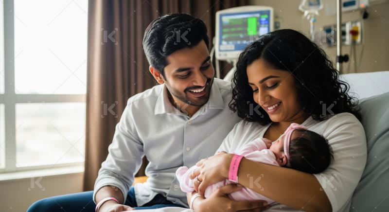Happy Indian Parents with Newborn Baby in Hospital