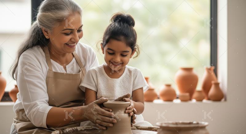 Granddaughter and Grandmother Learning Pottery Together