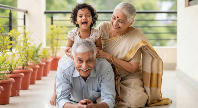 Happy Indian Grandparents Playful with Granddaughter on Balcony