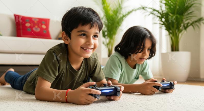 Happy Boys Playing Video Games at Home