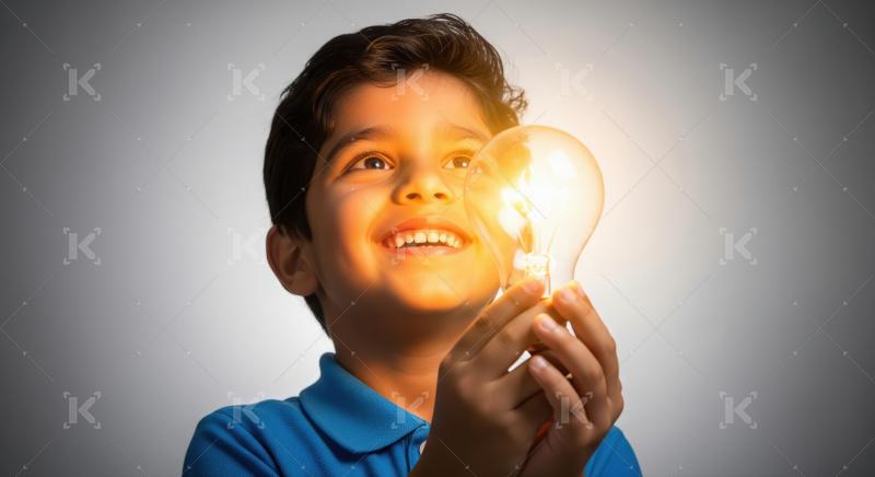 Young Boy Holds Glowing Light Bulb, Symbolizing Bright Idea