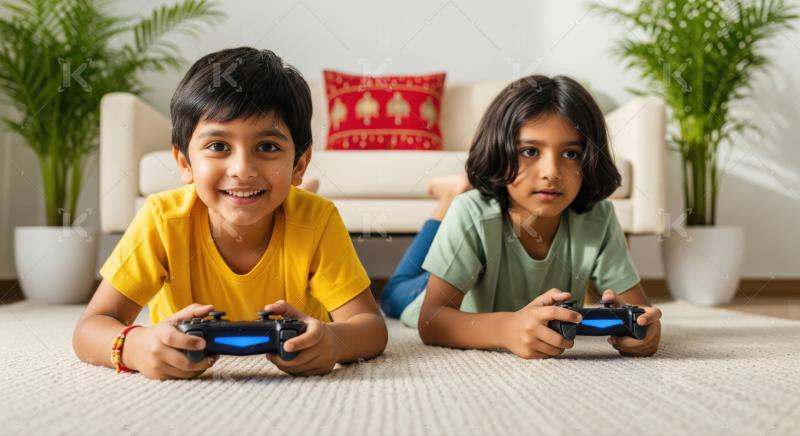 Happy Young Brothers Enjoying Video Games Together at Home