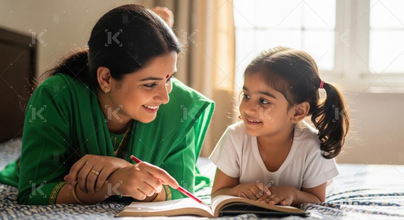 Happy Indian Mother and Daughter Reading Book Together