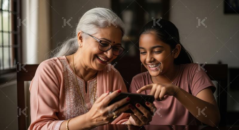 Happy Indian Grandmother and Granddaughter Enjoying Smartphone T