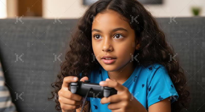 Focused young girl playing video games with intense concentratio