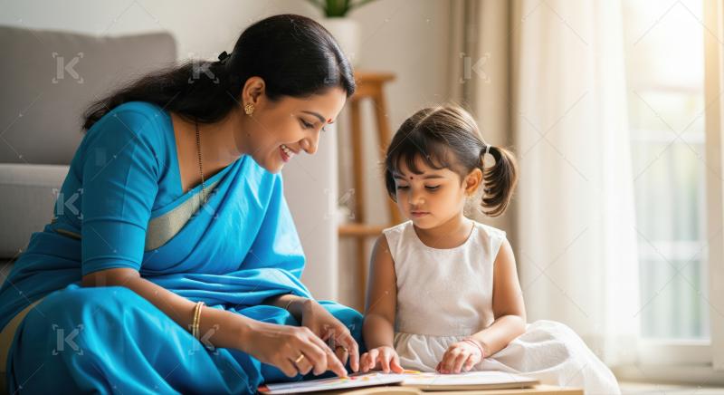 Smiling Indian Mom and Child Bonding During Home Education