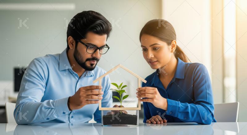 Young Couple Nurturing Plant in House Frame for Sustainable Livi