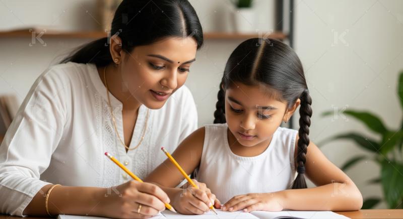 Indian Mother Daughter Learning Together, Doing Homework at Home
