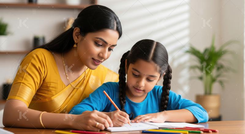 Indian Mother Helping Daughter with Homework at Home