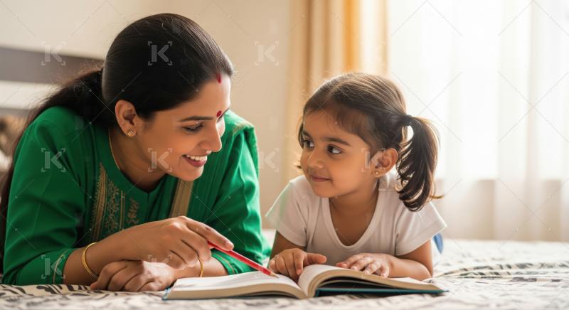 Happy Indian Mom and Child Learning to Read Book