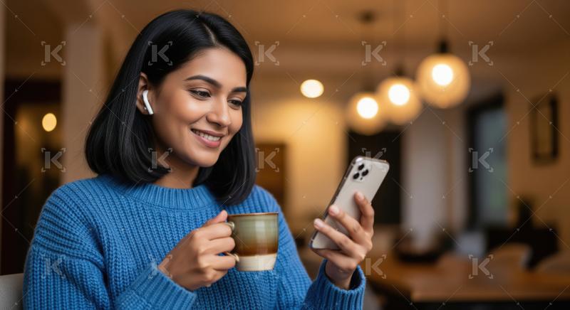 Smiling Young Indian Woman with Phone, Coffee, and Wireless Earb